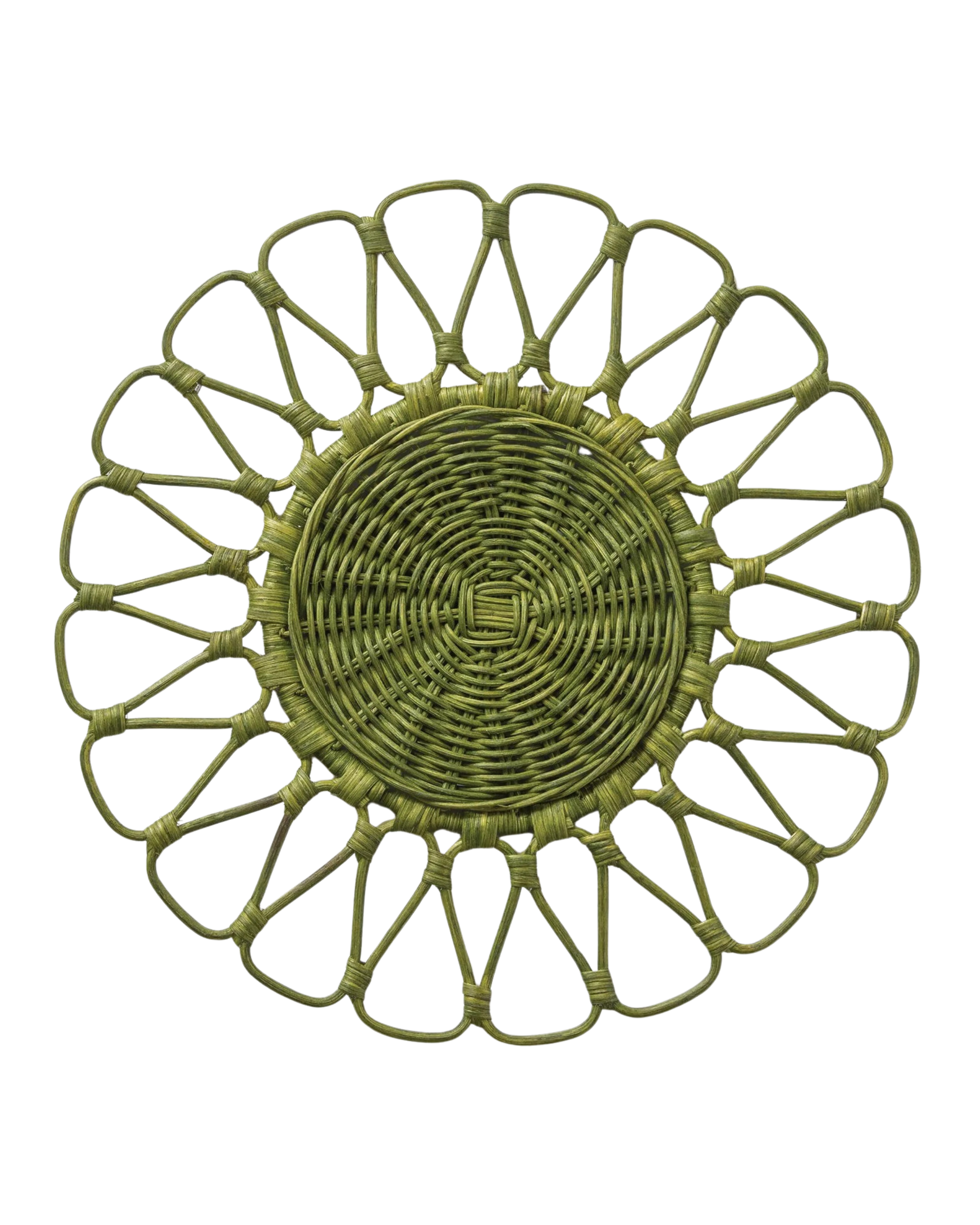 A green, rattan, flower-shaped charger plate for weddings and events in Savannah, GA.