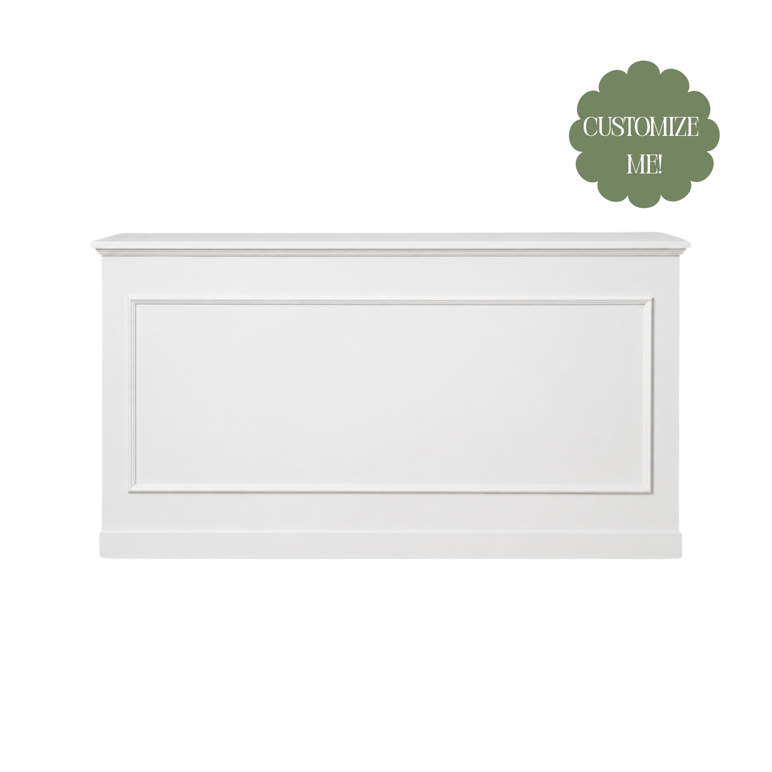 a customizable white 6-foot modular wedding and event bar section with classic paneled detailing