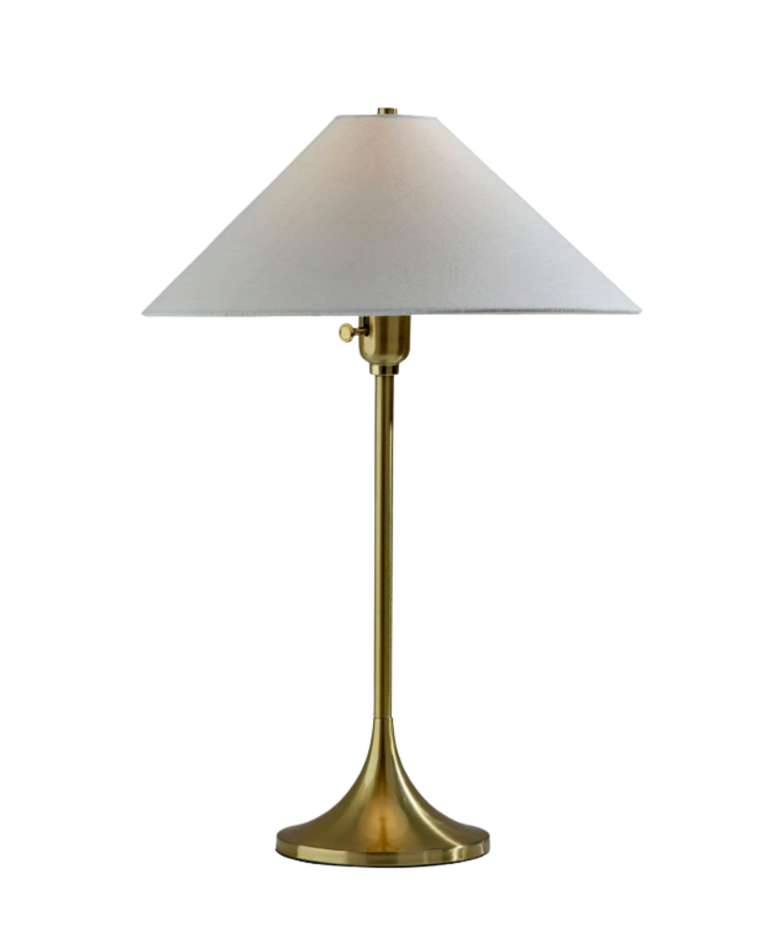 Modern cordless table lamp with antique brass base and white shade for luxury wedding and event decor.