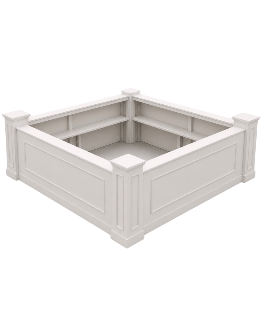 White wooden corner planter box with a classic design, featuring paneled sides and decorative columns at each corner.