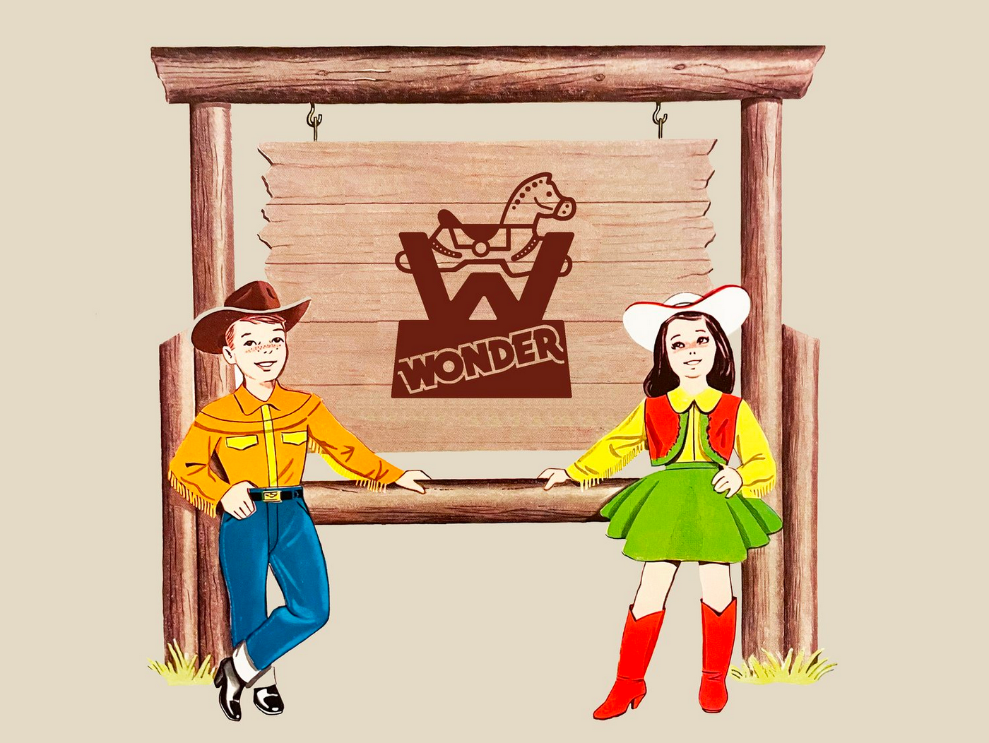 Illustration of two children dressed as cowboys and cowgirls standing in front of a wooden sign with a rocking horse and the words 'Wonder' at the bottom.
