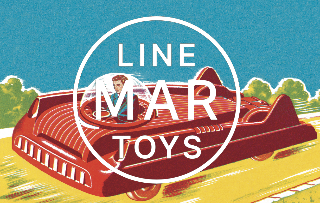 Retro illustration of a red futuristic car with a woman driver, on a grassy field with trees in the background, overlaid with a circular logo that says "Line Mar Toys"
