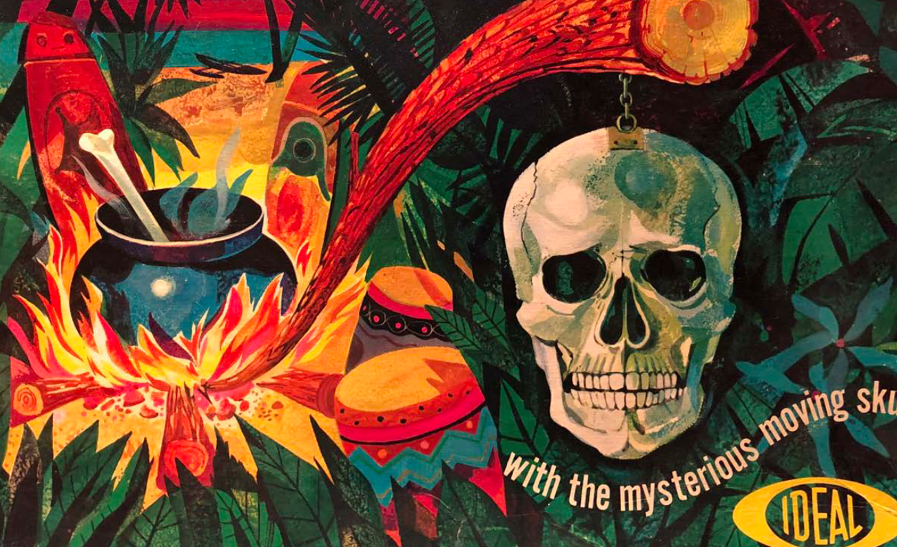 A colorful mural depicting a skull, flames, a mortar and pestle, and tropical plants with the phrase "with the mysterious moving sk" and a yellow oval logo with the word "IDEAL".