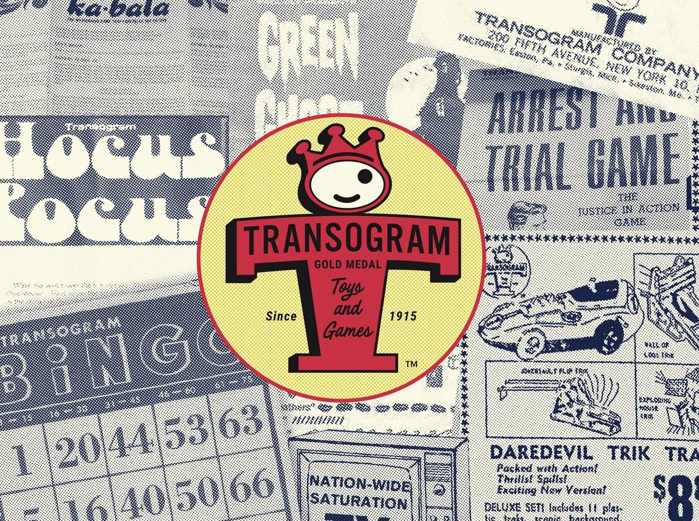 A vintage collage of newspaper clippings featuring crossword puzzles and advertisements, with a large Transogram logo in the center, depicting a smiling cartoon character with a crown and the text 'Transogram Gold Medal Toys and Games'.
