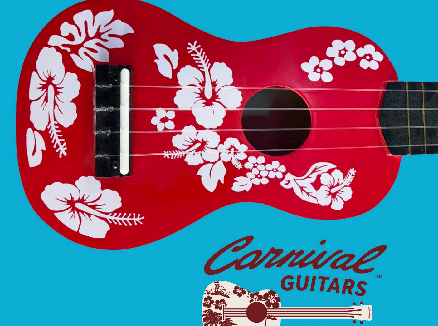 Red ukulele with white floral design on a blue background, with the word 'Carnival Guitars' written below.
