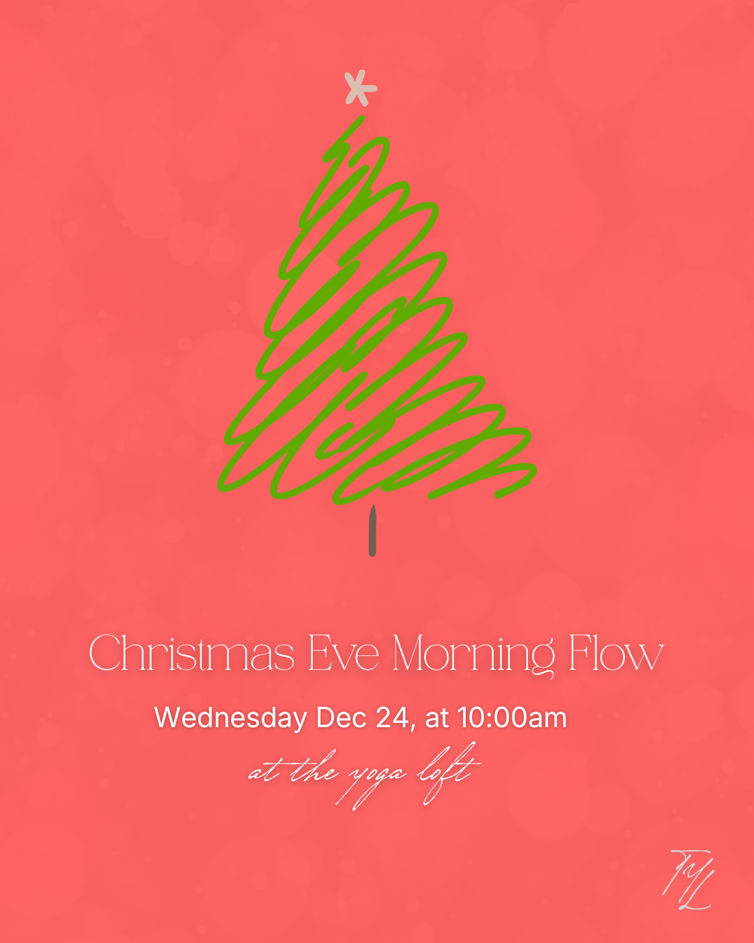 Pink background with abstract green Christmas tree sketch on top, accompanied by white and pink text for a Christmas Eve morning yoga event.