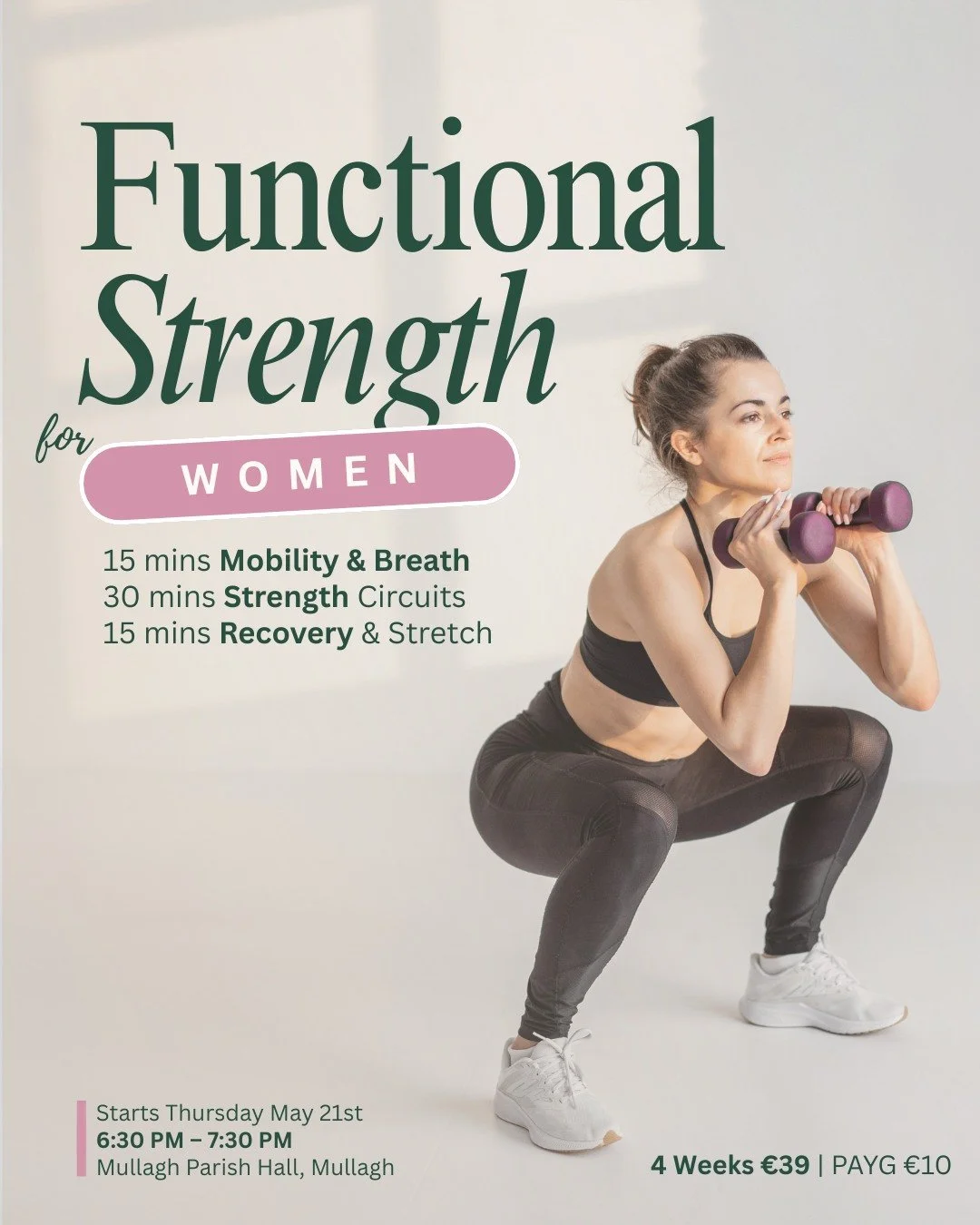 🔥 LAST FUNCTIONAL STRENGTH BLOCK BEFORE SUMMER 🔥

My final Functional Strength for Women block before taking a July &amp; August summer pause starts March 21st in Mullagh Parish Hall 🖤

🗓 Starts Thursday March 21st
⏰ 6:30pm &ndash; 7:30pm
📍 Mull