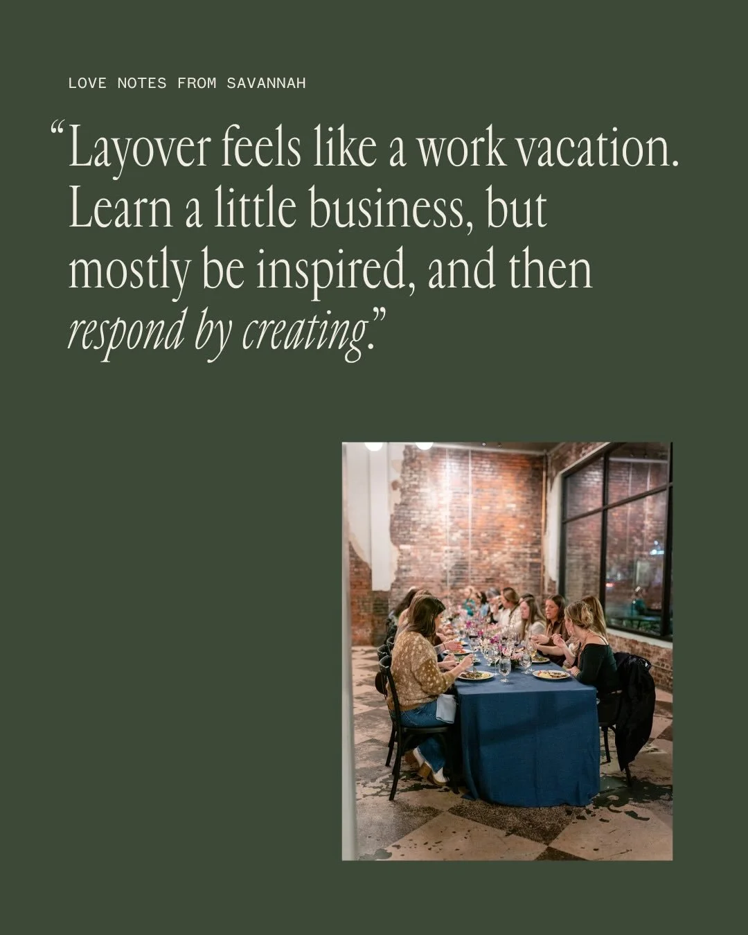 We&rsquo;re still feeling ALL the love from LAYOVER: Savannah <3

Vendors:
Florals: @byluckystudio 
Linens: @eventworksrentals 
Venue: @sohosouth 
Content creation: @lovebeinginthemoment 
Photo: @anneliesegabriele