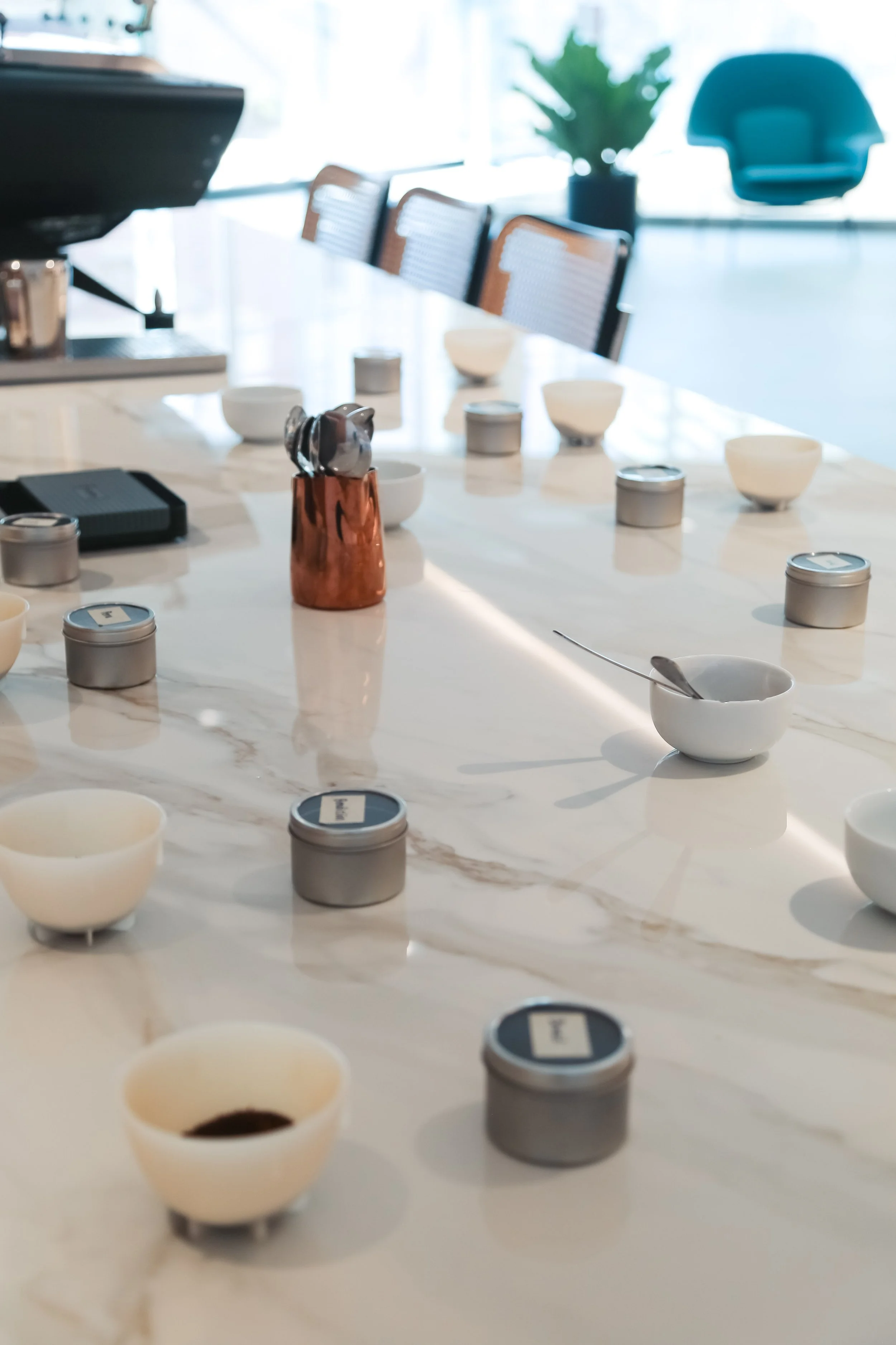 Coffee tasting cups set on marble counter in light and airy space