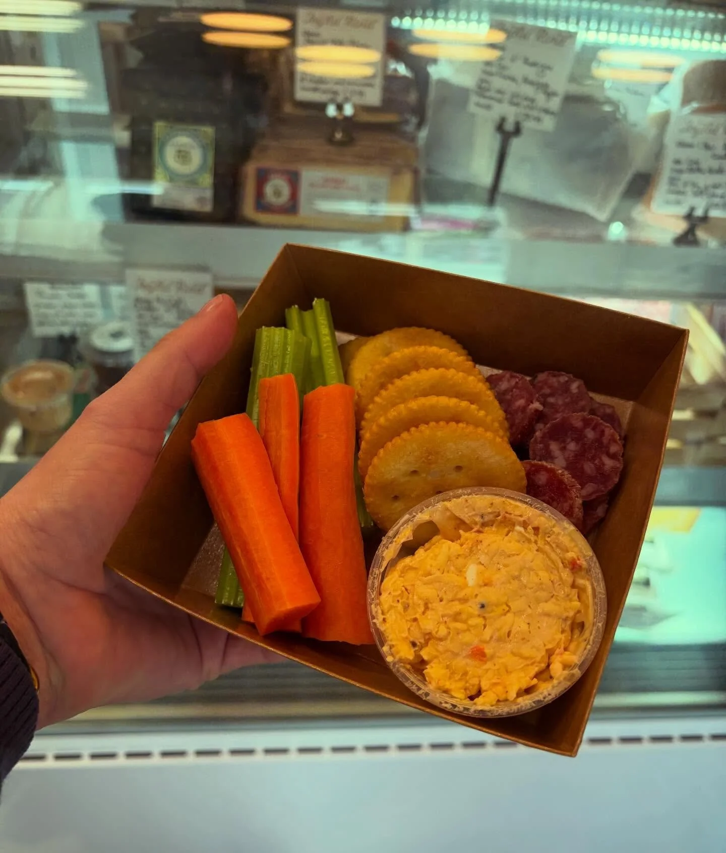 New grab &amp; go item! House made pimento cheese with ritz crackers, carrots, and celery. You can&rsquo;t go wrong with a classic. We did break from tradition and add some salami nuggets, you know, to round it out. 

Just want the pimento cheese? We