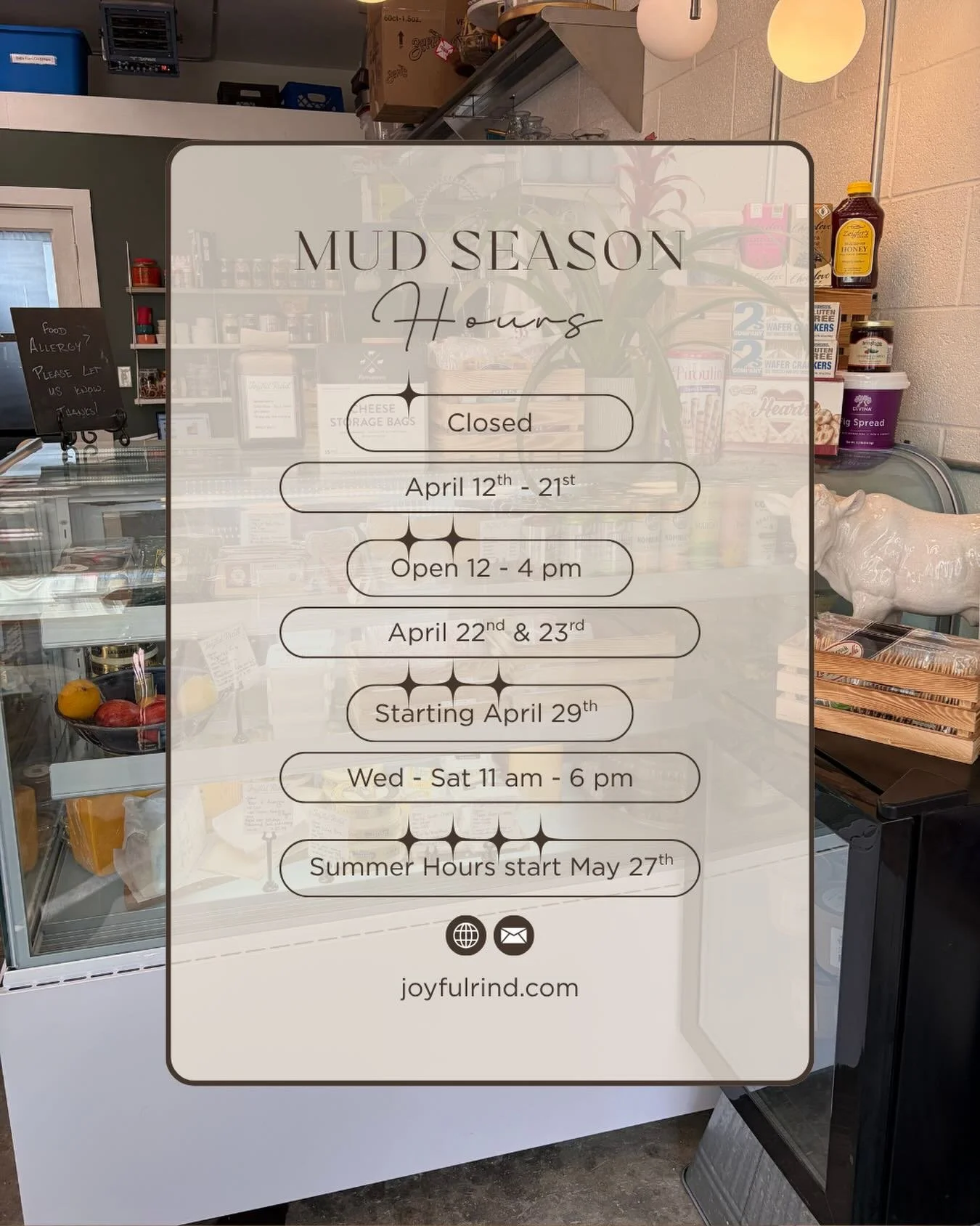 It&rsquo;s that time! With the end of the &ldquo;ski&rdquo; season almost here, we&rsquo;ll be taking a little time off. We&rsquo;re staying open Wed through Sat from 11 am to 6 pm through April 11th. 

We&rsquo;ll be closed the next 2 weeks, except 