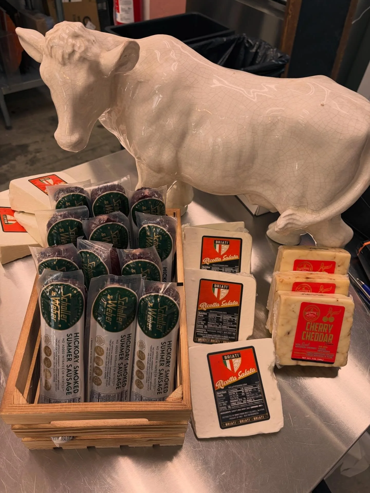 New stuff just arrived! Left to right we have a hickory smoked summer sausage (pork and beef blend), ricotta salata (sheeps milk, take ricotta and add salt and age), and cherry cheddar (white cheddar with WI cherries). 

Shop is open from 12 to 4 pm 