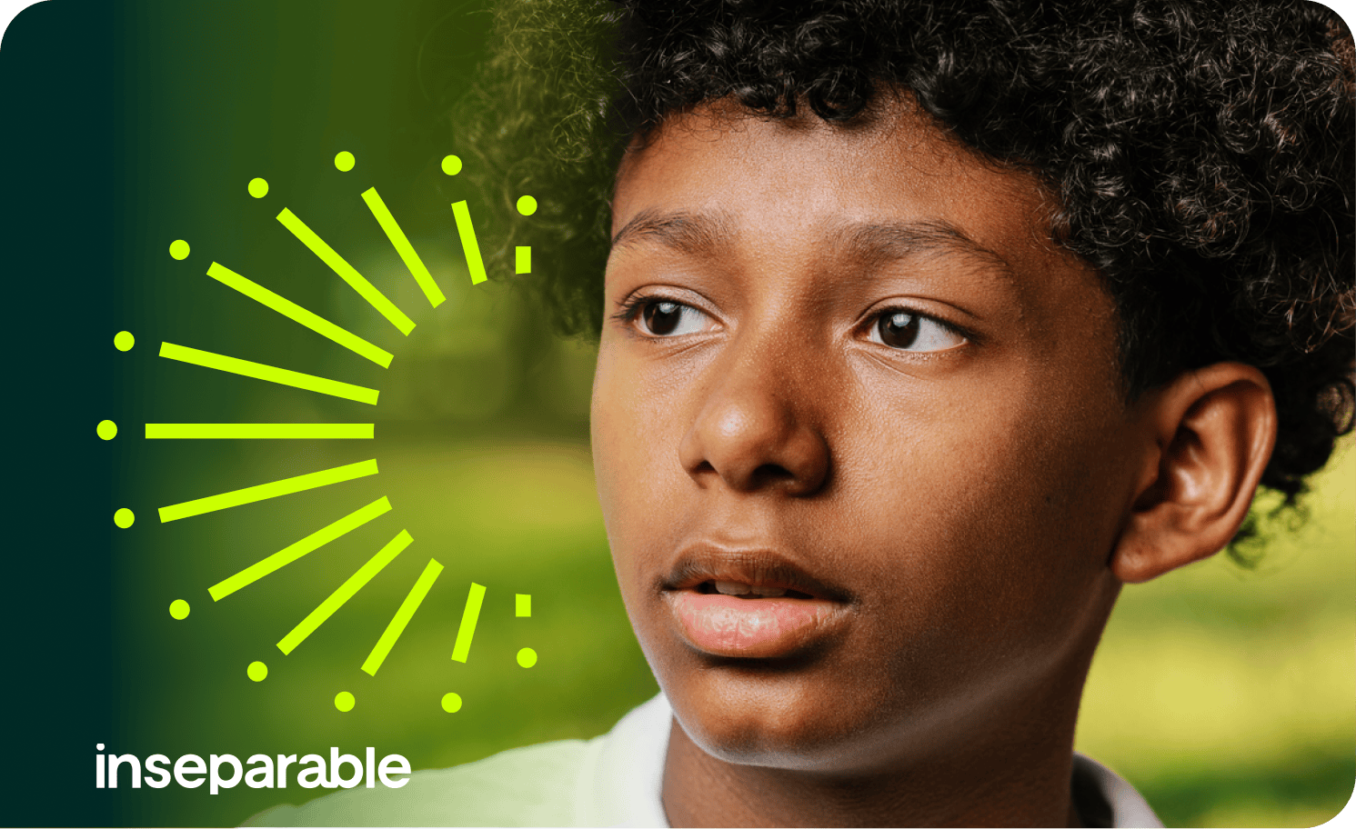 Image of Black teen boy with YMHT logo icon in neon yellow and Inseparable logo in white