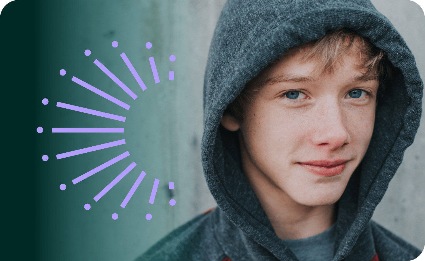 Image of a white teen boy in a gray hoodie with YMHT icon in purple