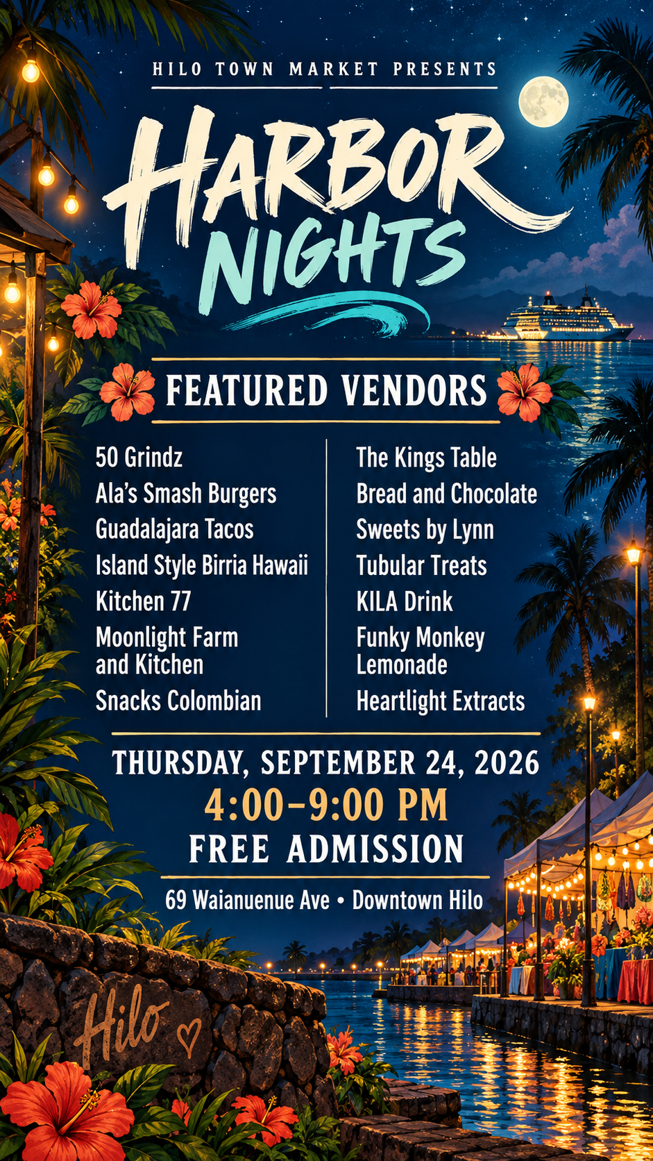 Harbor Nights at Hilo Town Market: September 24, 2026, 4–9 PM, free admission, 69 Waianuenue Avenue, Downtown Hilo. Flyer lists all 14 featured vendors.
