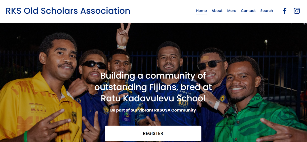 Group of six young men smiling and making peace signs at night in front of a gate, with a website header for RKS Old Scholars Association and a mission statement about building a community of outstanding Fijians at Ratu Kadavulevu School.