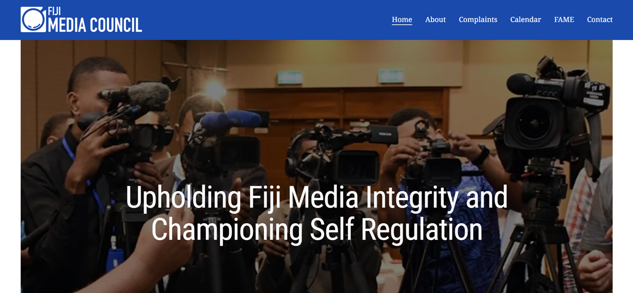 Screenshot of the Fiji Media Council website featuring a group of photographers and videographers with cameras, with the headline 'Upholding Fiji Media Integrity and Championing Self Regulation'.