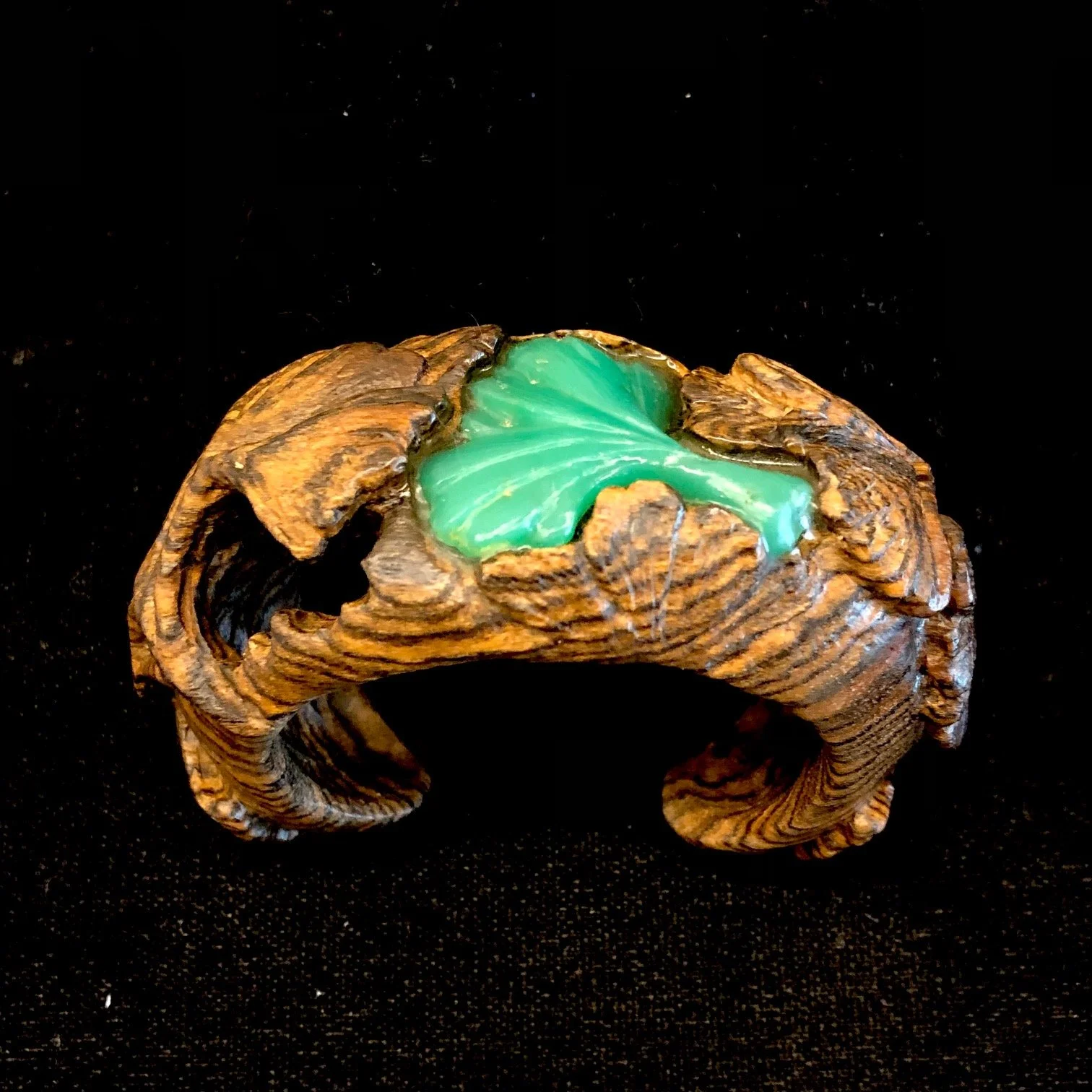 Carved Chrysoprase in Bocote Wood Gingko Cuff 02.jpg