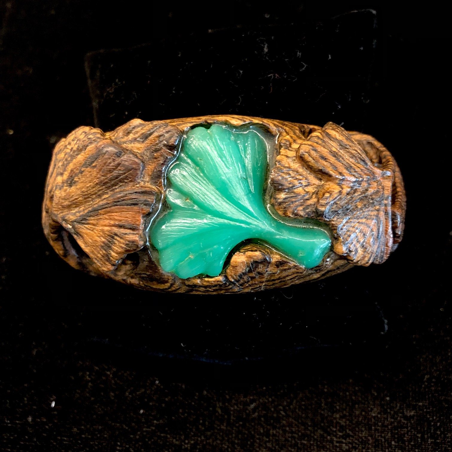 Carved Chrysoprase in Bocote Wood Gingko Cuff 03.jpg