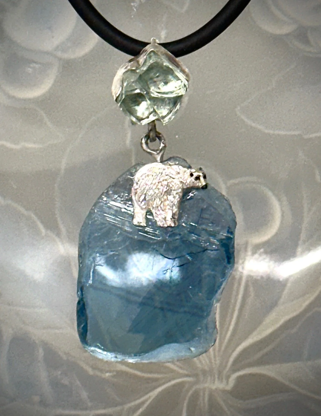 Polar Bear on Topaz Crystal with Aqua Pendant