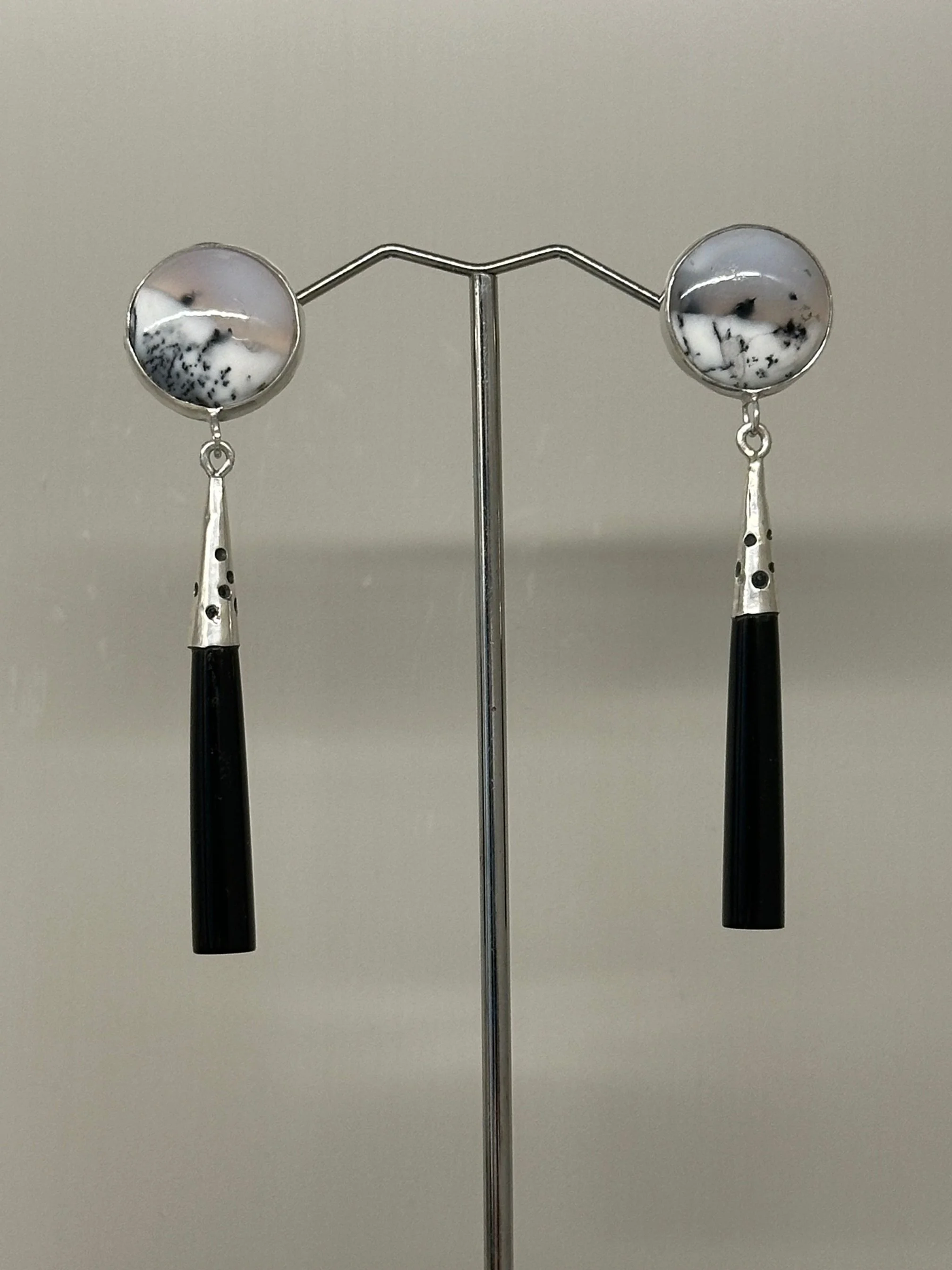 Snowbowl Chalcedony and Black Nephrite Jade Earrings