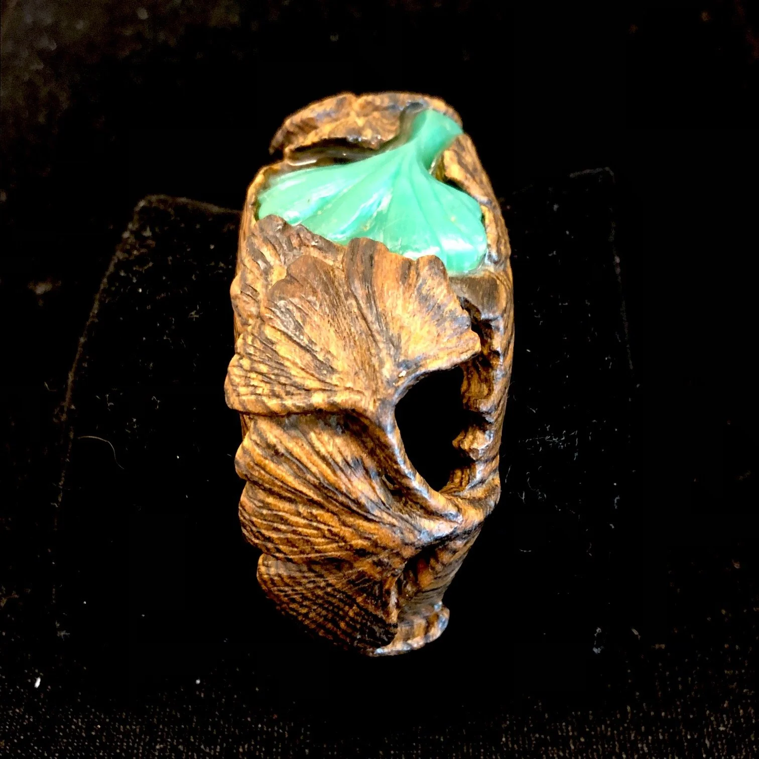 Carved Chrysoprase in Bocote Wood Gingko Cuff 01.jpg