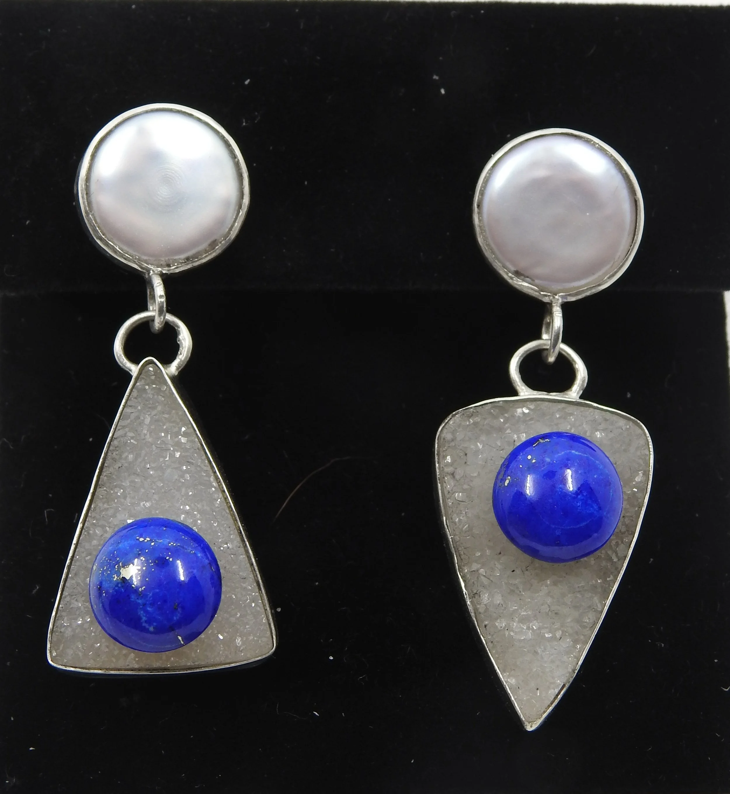 Lapis-Druzy-Pearl Earrings