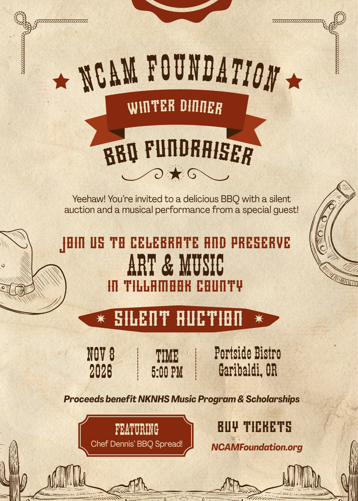 Event flyer for NCAM Foundation Winter Dinner BBQ Fundraiser with illustrations of cowboy hats, cacti, and a western landscape. Information about the event date, time, location, and a chef's BBQ spread feature.