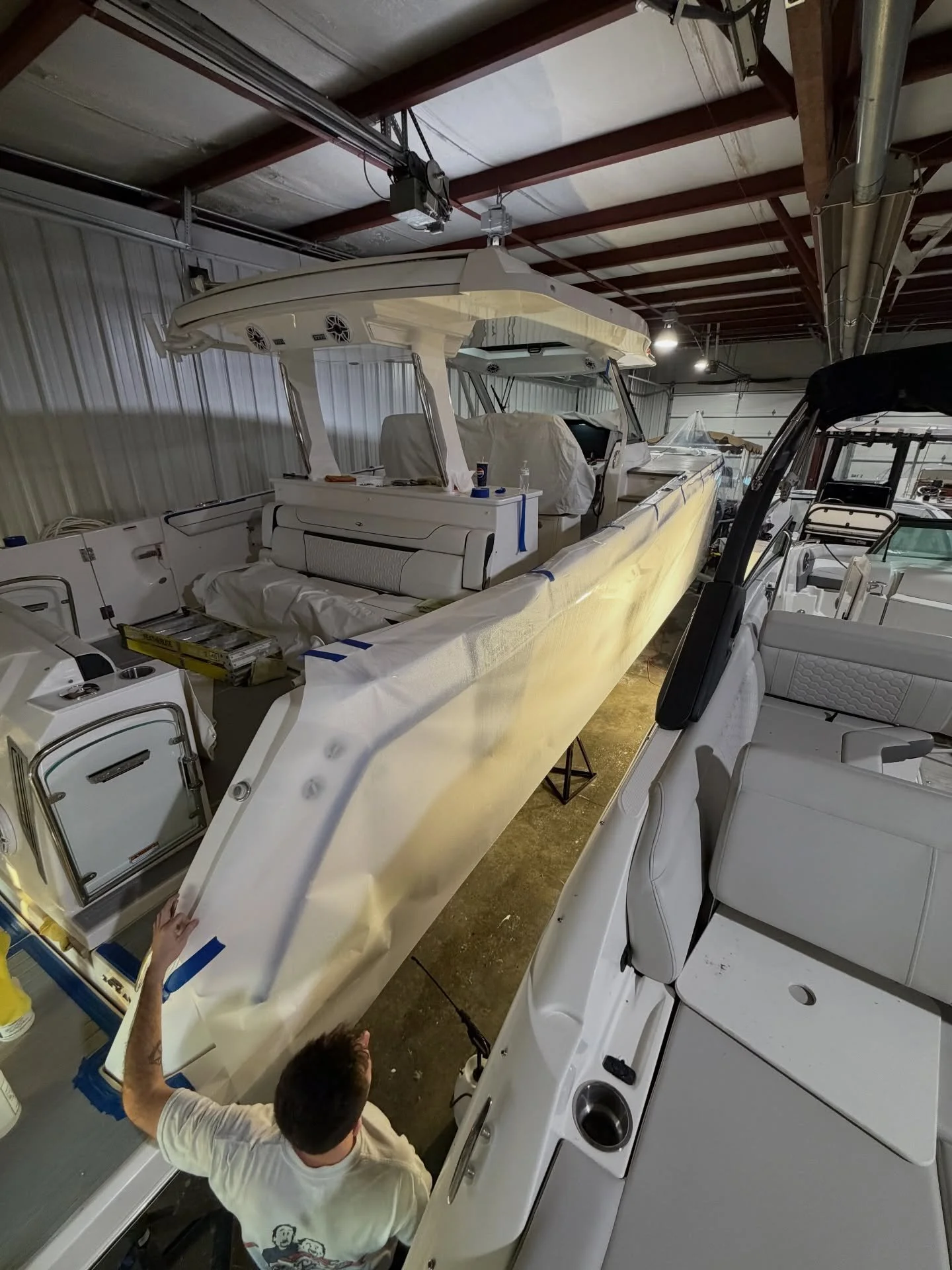Update from our on site operations, this 2024 Regal 38 SAV is Receiving the ultimate top to bottom protection in Clear Marine Protection Film or MPF on the full hull sides, interior and roof to ELIMINATE Oxidation and protect from dock rash on the Ge