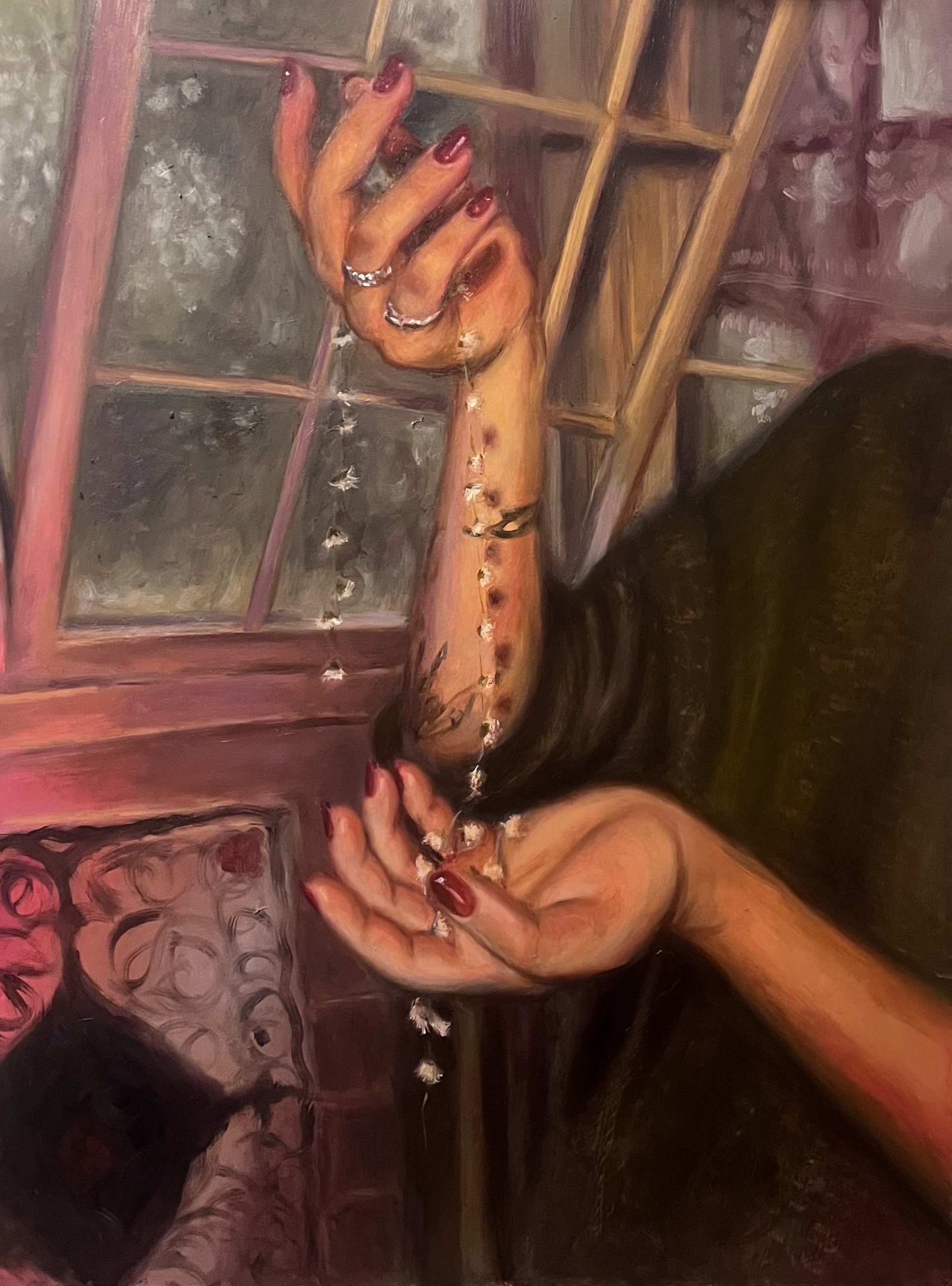 oil painting of two manicured hands delicately holding a daisy chain in a warmly lit room with open windows.