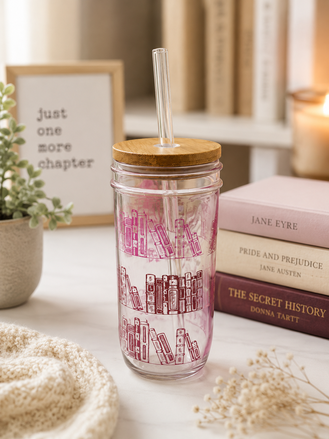 Pink Bookshelf Glass Tumbler