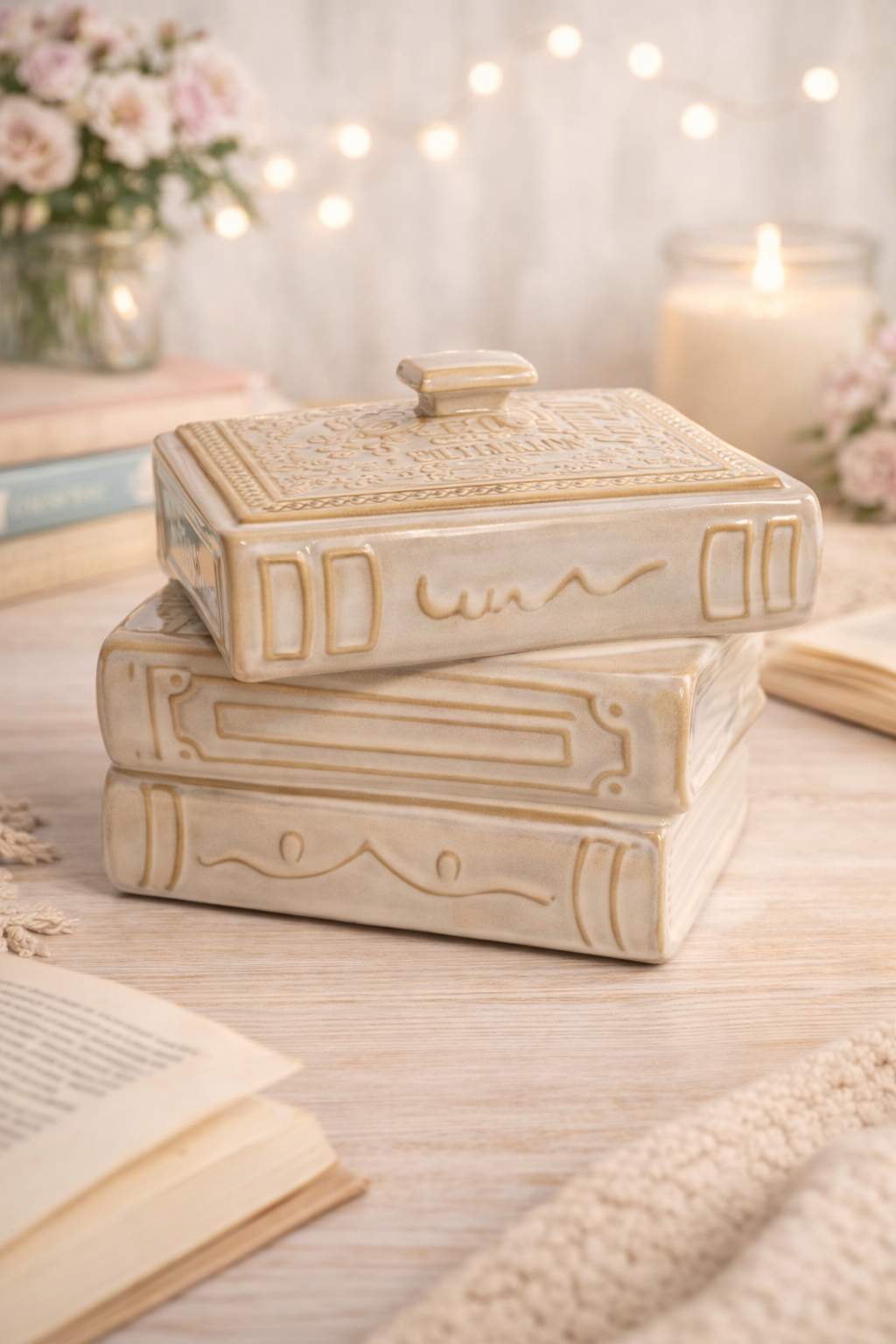 Stacked Books Ceramic Candle - Fresh Air