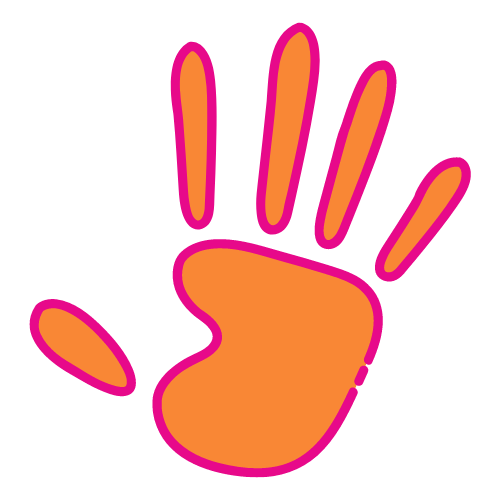 A cartoon illustration of a raised hand with fingers spread apart, outlined in pink and filled with orange.