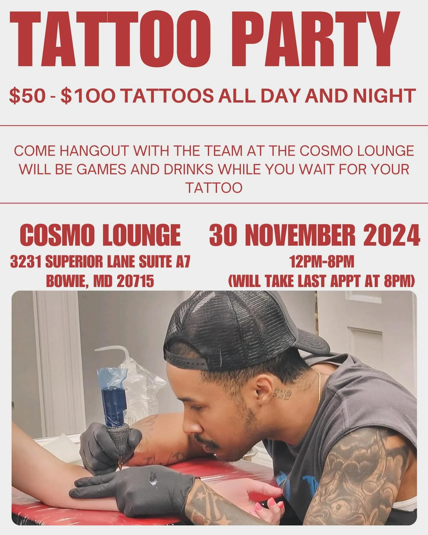 Doing Small and Minimal tattoos all day ONLY $50-$100. There will be drinks, games, merch, and great vibes in the shop. Come hangout and get a tattoo from your favorite artist 😎 

#tattooparty #alldreamshavedesign #dmvtattooartist #smaltattoos #mini
