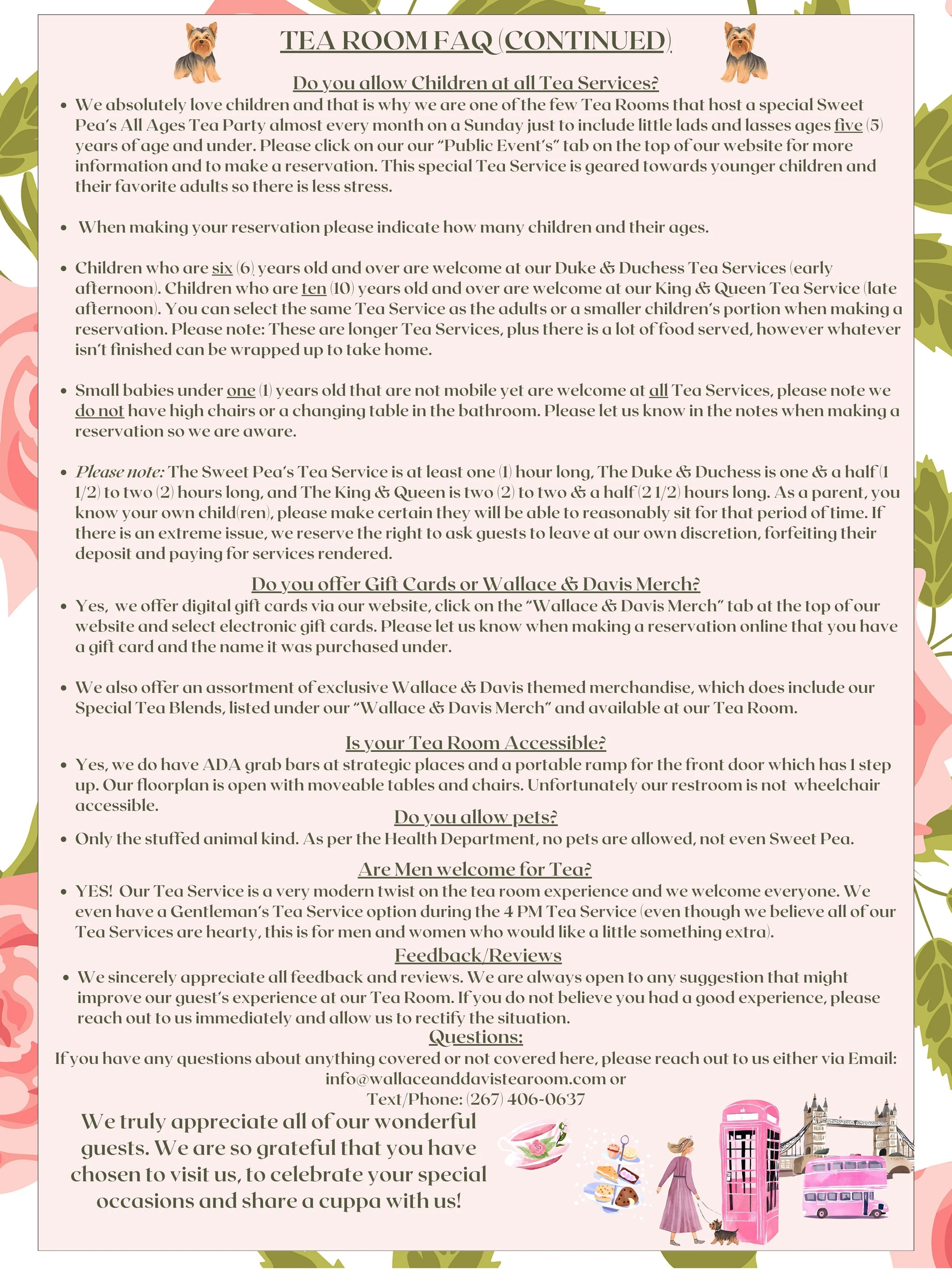 A FAQ page for a tea room, with questions and answers about children's policies, gift cards, accessibility, pets, men's tea service, feedback, and contact info. The page has a pink and green floral border with illustrations of a pink phone booth, a woman in a pink dress, a tea cup, cupcakes, and a building.