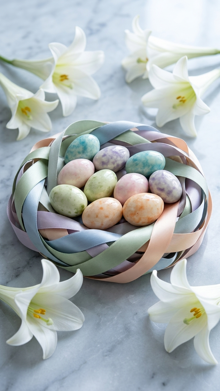 Easter eggs in pastel colors in a decorative basket, surrounded by white lilies on a marble surface.