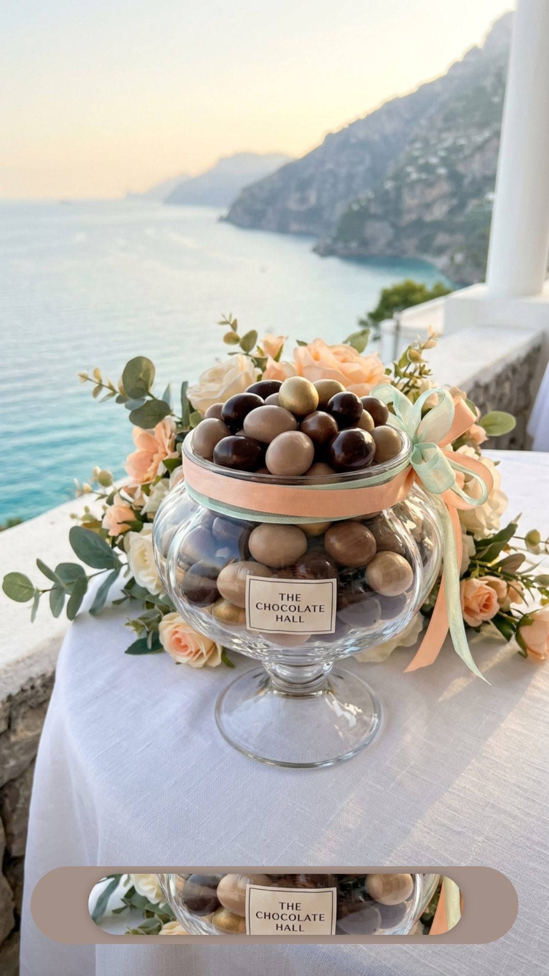 A glass jar filled with assorted chocolates resting on a table decorated with pastel-colored roses and greenery, with a scenic ocean and mountainous landscape in the background.