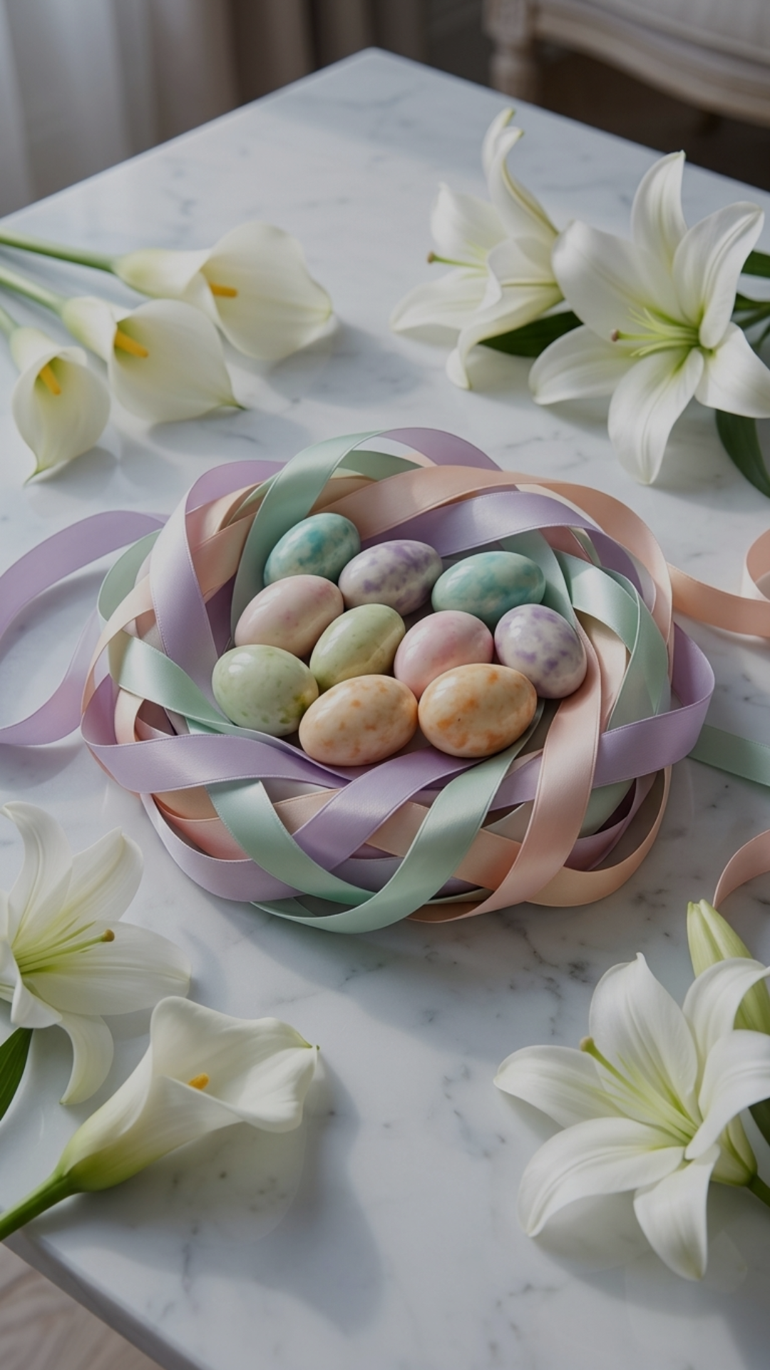Colorful Easter eggs in pastel ribbons on a white marble table surrounded by white lilies.