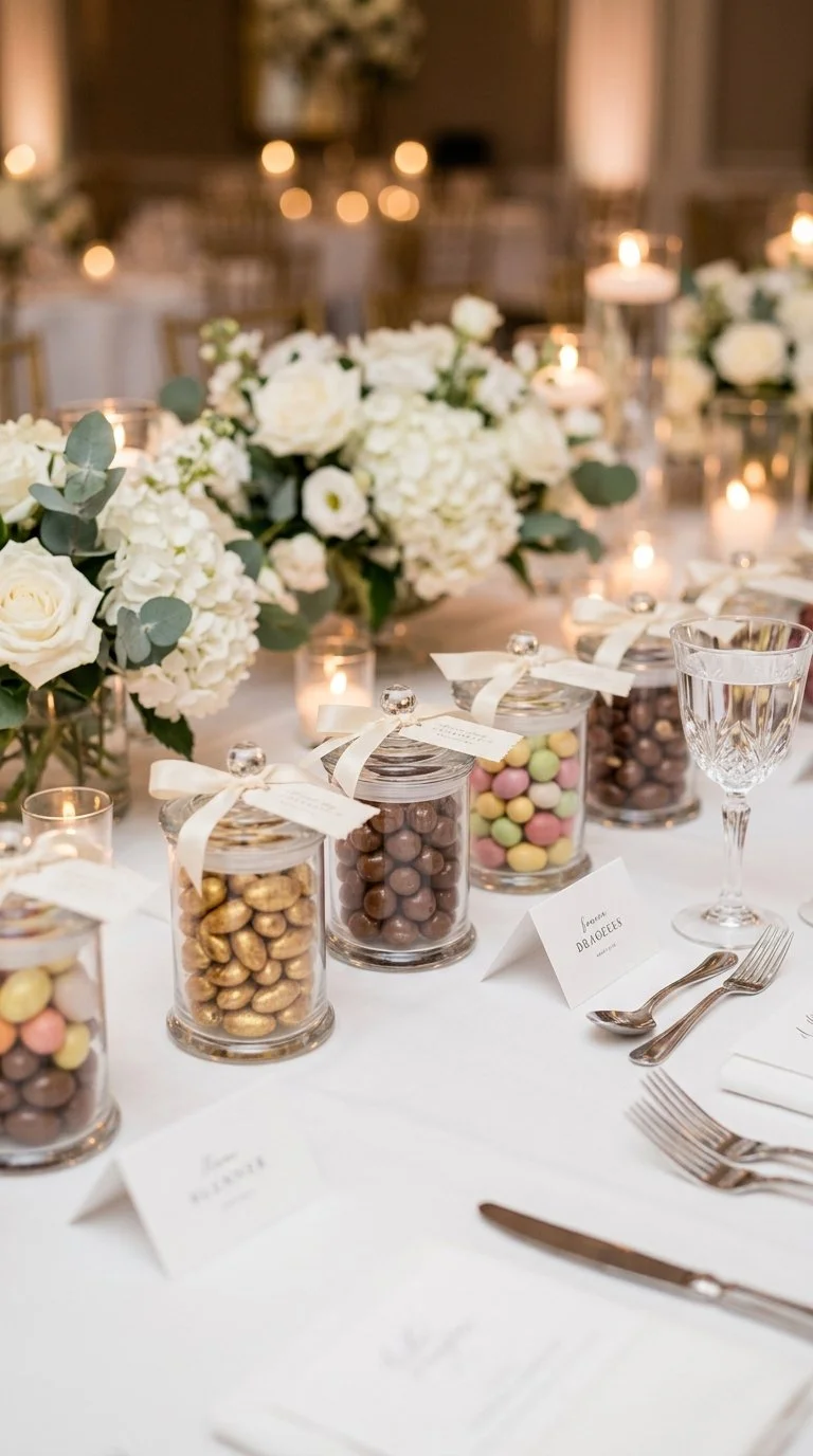 Decorative table setting for a formal event with white floral arrangements, candles, glass jars filled with colorful candies, and place cards.