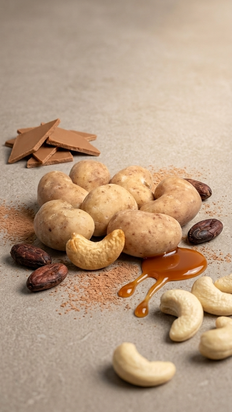 Raw potatoes, cashews, cacao pieces, cacao nibs, caramel, and cocoa powder on a light surface.