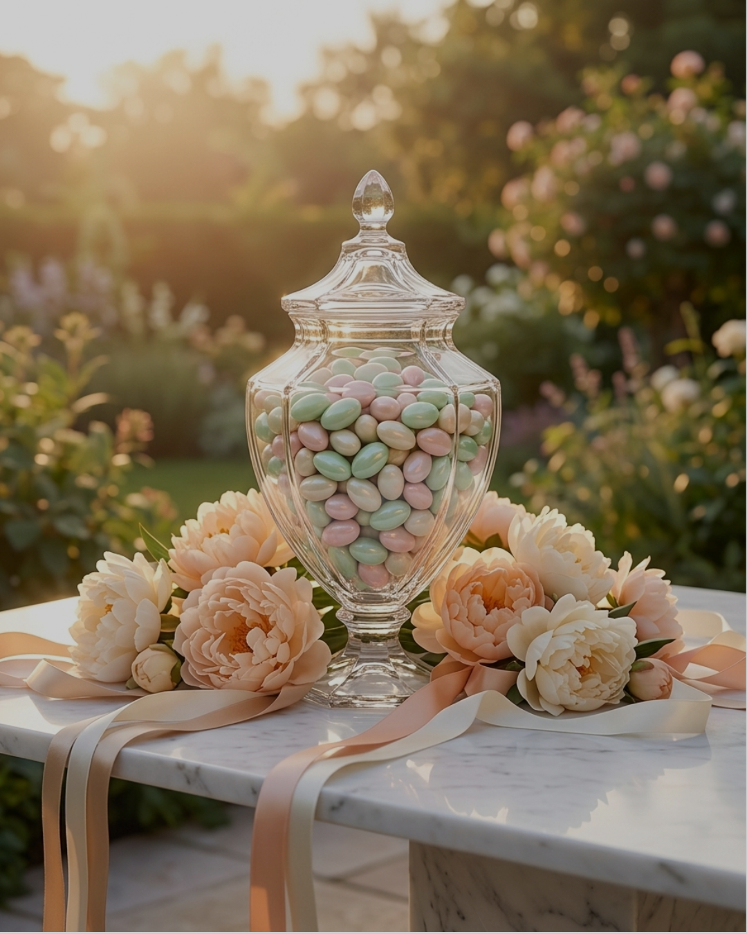 Decorative glass jar filled with pastel-colored candies, surrounded by peach and cream peonies with ribbons, set on a white marble table outdoors at sunset.