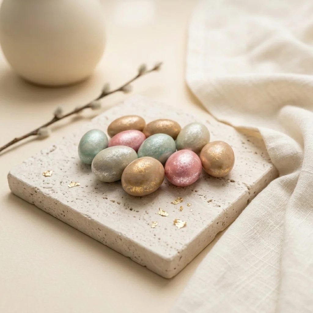 Colorful marbled Easter eggs on a white textured platform, with a soft white fabric and a branch with buds nearby.