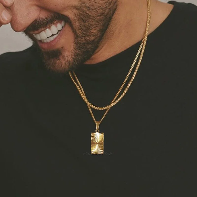 Unisex Gold Rectangle Pendant Necklace