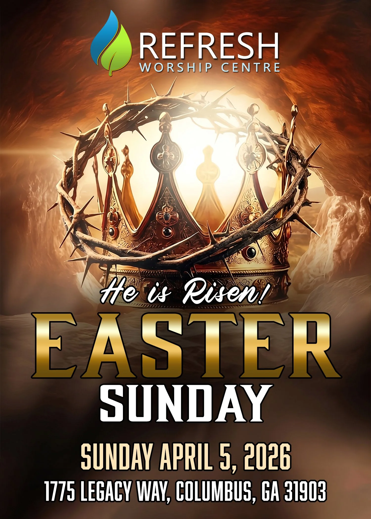 An advertisement for Refresh Worship Centre promoting Easter Sunday on April 5, 2026, featuring a crown and a crown of thorns with a bright light background.