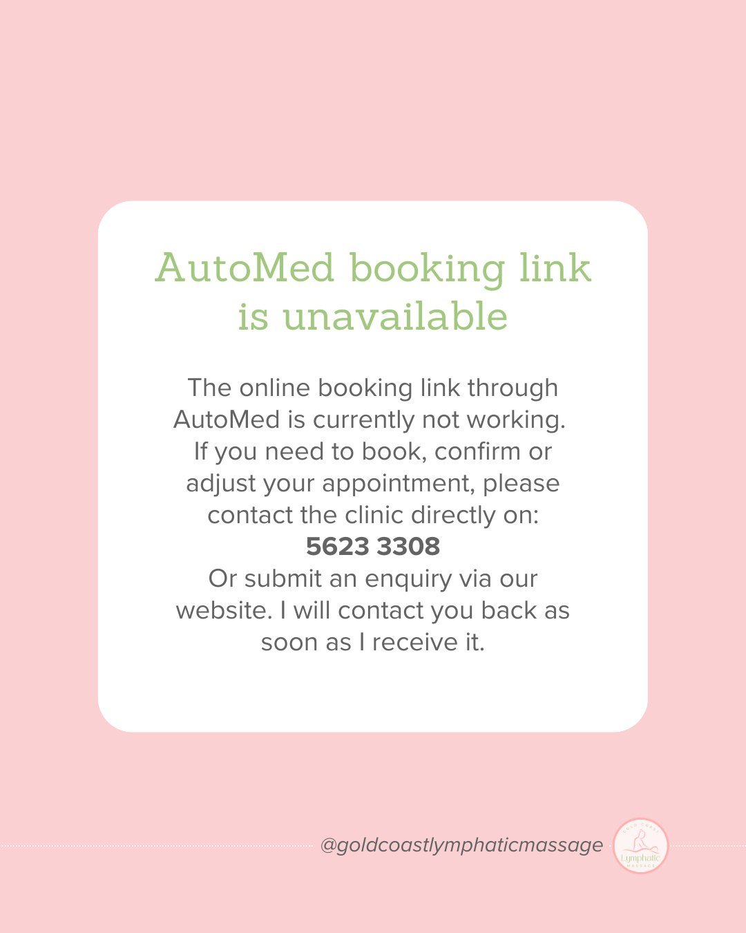 The AutoMed booking link is currently down, so online appointments may not come through correctly.

If you need to book, confirm or adjust your appointment, please contact the clinic directly on:
📞 5623 3308

Or contact us via our website or DM. Tha