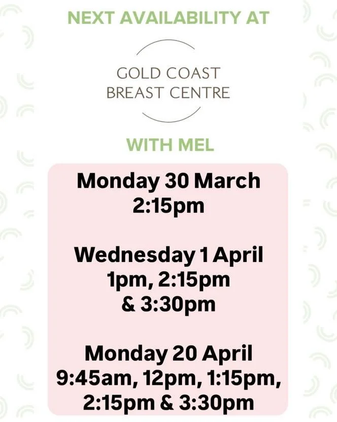 ⭐️Book Mel at Gold Coast Breast Centre
⭐️Level 1, 63 Ferry Rd, Southport Qld 4215
⭐️call 07 56233308 or book through link 
⭐️Monday&rsquo;s &amp; Wednesday&rsquo;s 8:30am-4:30pm

https://healthengine.com.au/webplugin/?id=99910&amp;doctor=133746&amp;s