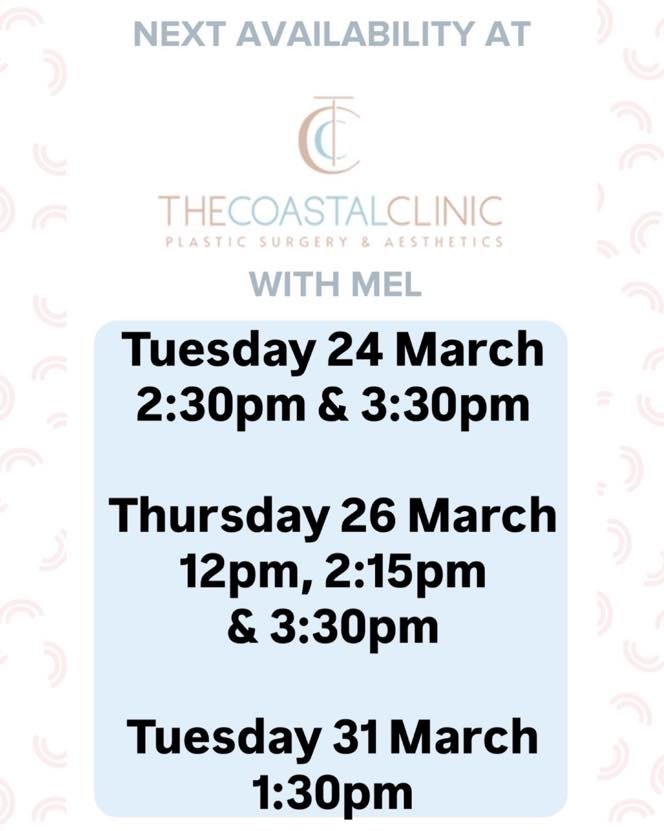 ⭐️Book with Mel at The Coastal Clinic 
⭐️Level 1, 278 Ferry Rd, Southport
⭐️call 56830820 or book through the link below
⭐️Tuesday&rsquo;s &amp; Thursday&rsquo;s 8:30am-4:30pm

https://tinyurl.com/The-Coastal-Clinic