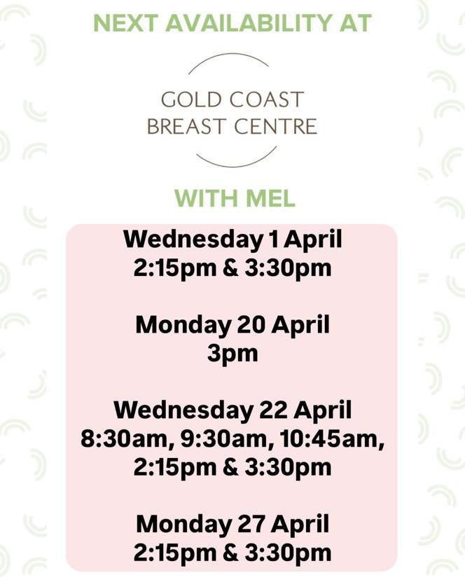 ⭐️Book Mel at Gold Coast Breast Centre
⭐️Level 1, 63 Ferry Rd, Southport Qld 4215
⭐️call 07 56233308 or book through link 
⭐️Monday&rsquo;s &amp; Wednesday&rsquo;s 8:30am-4:30pm

https://healthengine.com.au/webplugin/?id=99910&amp;doctor=133746&amp;s