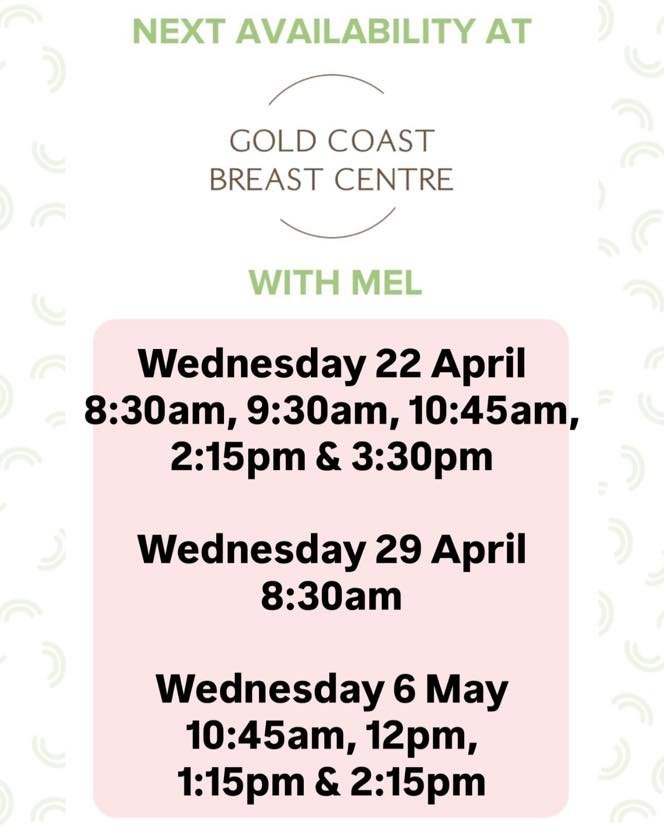 ⭐️Book Mel at Gold Coast Breast Centre
⭐️Level 1, 63 Ferry Rd, Southport Qld 4215
⭐️call 07 56233308 or book through link 
⭐️Monday&rsquo;s &amp; Wednesday&rsquo;s 8:30am-4:30pm

https://healthengine.com.au/webplugin/?id=99910&amp;doctor=133746&amp;s