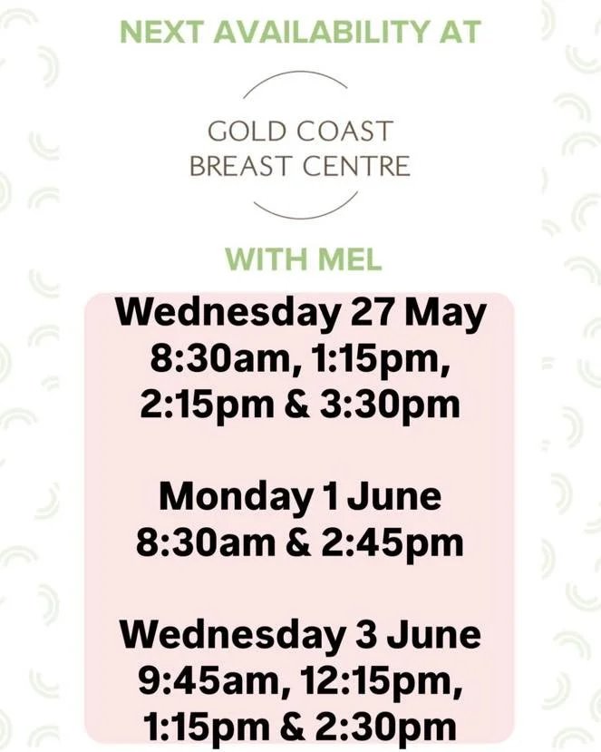 ⭐️Book Mel at Gold Coast Breast Centre
⭐️Level 1, 63 Ferry Rd, Southport Qld 4215
⭐️call 07 56233308 or book through link 
⭐️Monday&rsquo;s &amp; Wednesday&rsquo;s 8:30am-4:30pm

https://healthengine.com.au/webplugin/?id=99910&amp;doctor=133746&amp;s